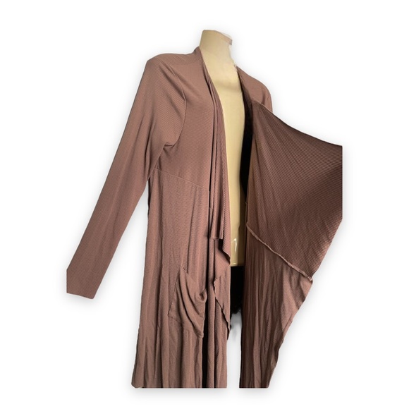 Umgee Long Cardigan Duster Waterfall Raw Hem Ribbed Mocha Tan XL - Picture 6 of 9